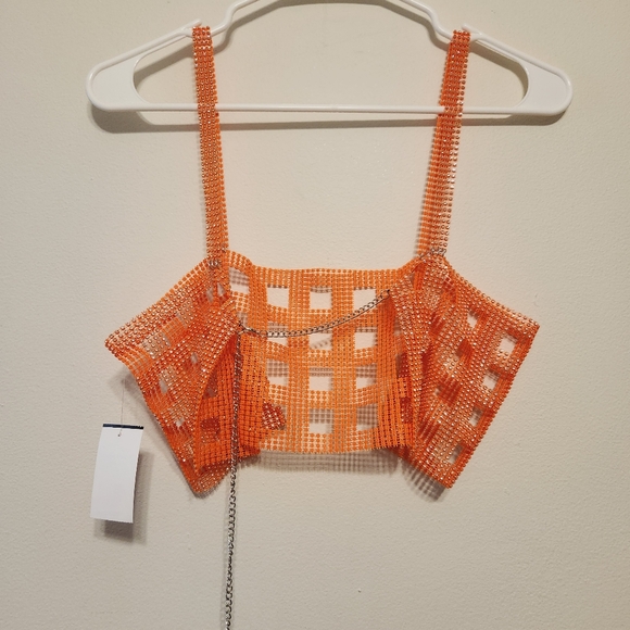 NWT Orange Nylon Rhinstone Crystal Festival Rave Topper - Picture 4 of 11